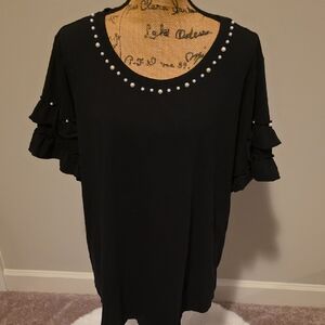 NY Collection Elegant Black Blouse with Pearl Details